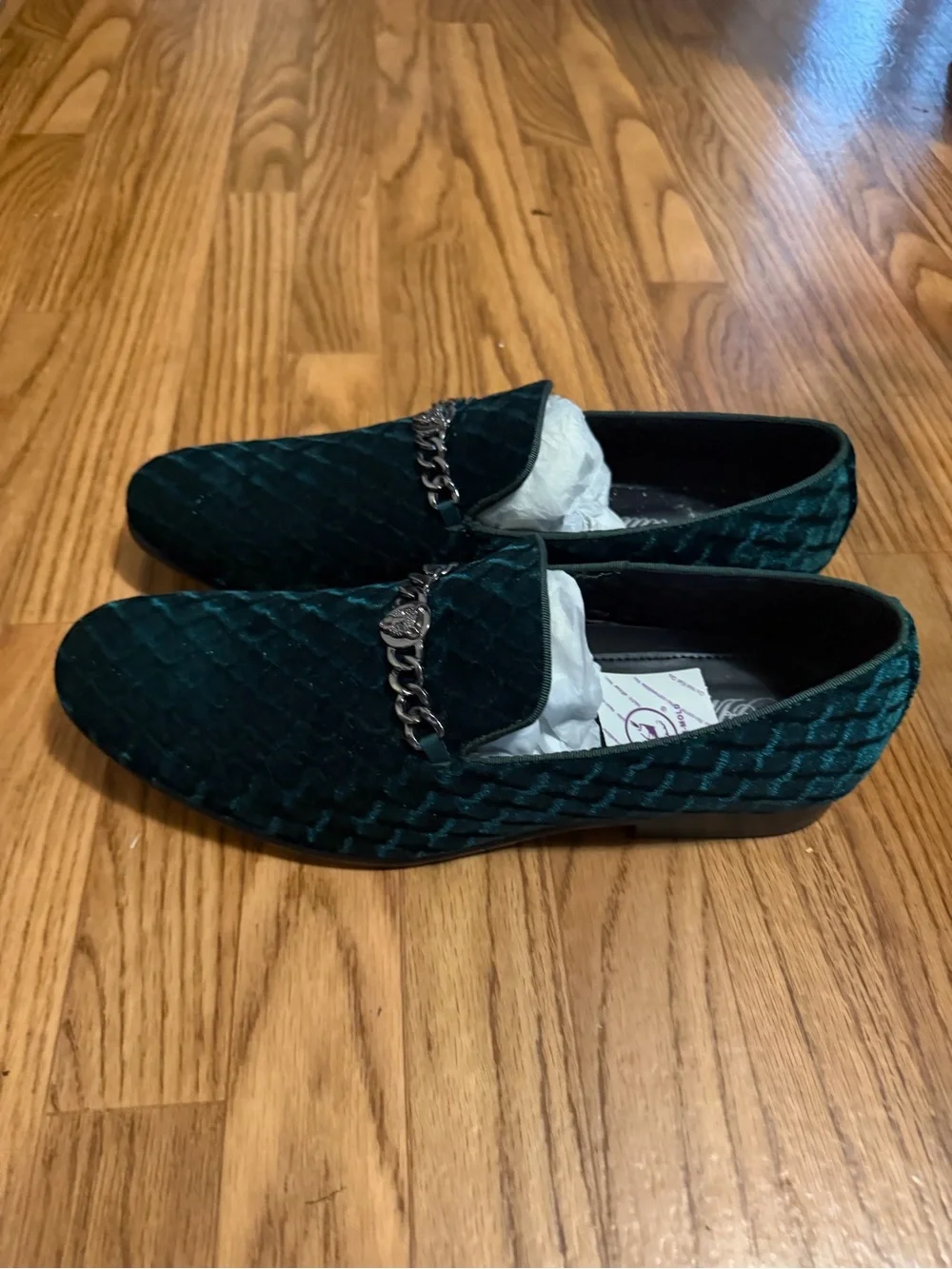 Men's Dark Green Quilted Velvet Chain Prom Shoes Size 11